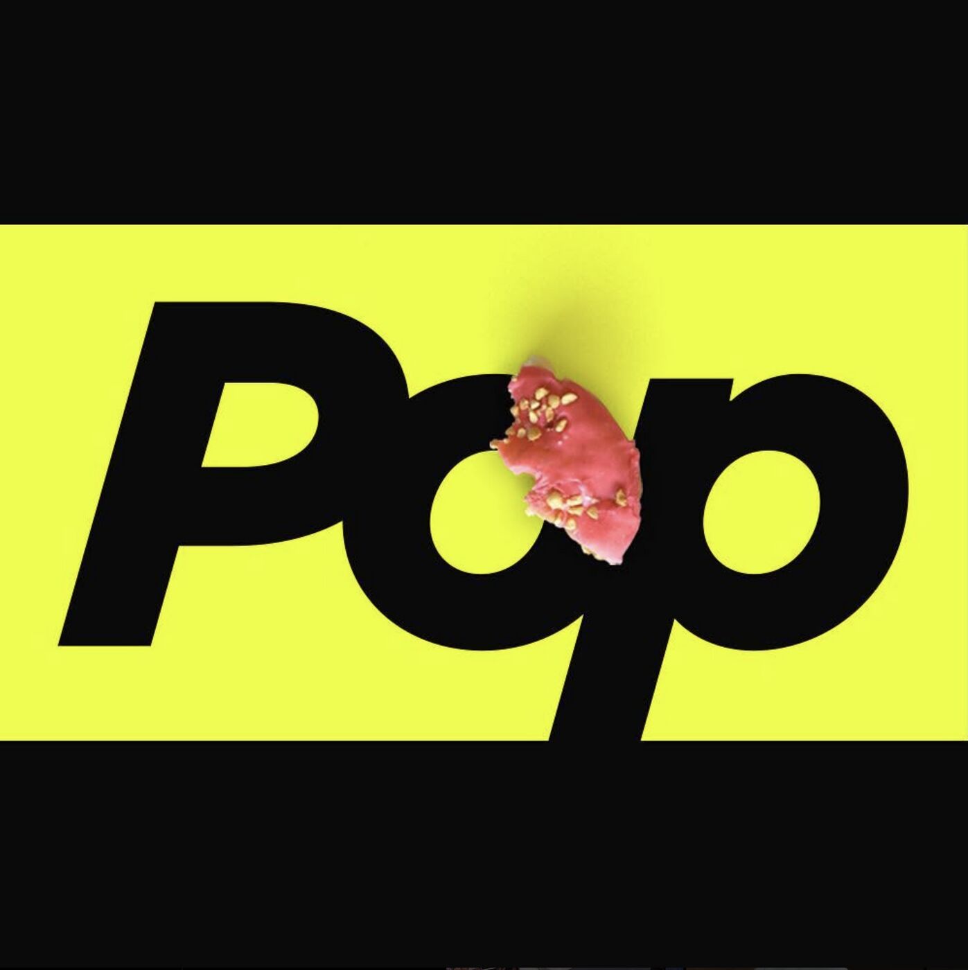 Pop TV logo on yellow with a sprinkled donut bite