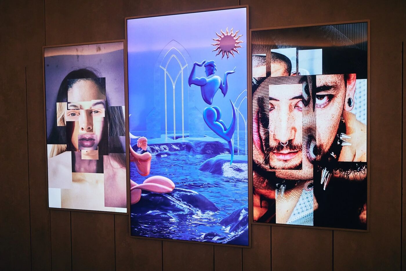 Three digital portrait and surreal artworks displayed side by side