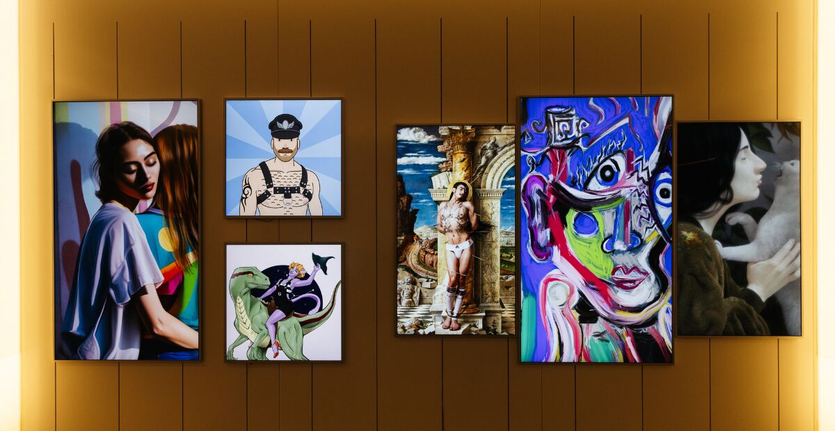 Curated wall of digital art at OpenSea's Pride Perspectives gallery, June 2023