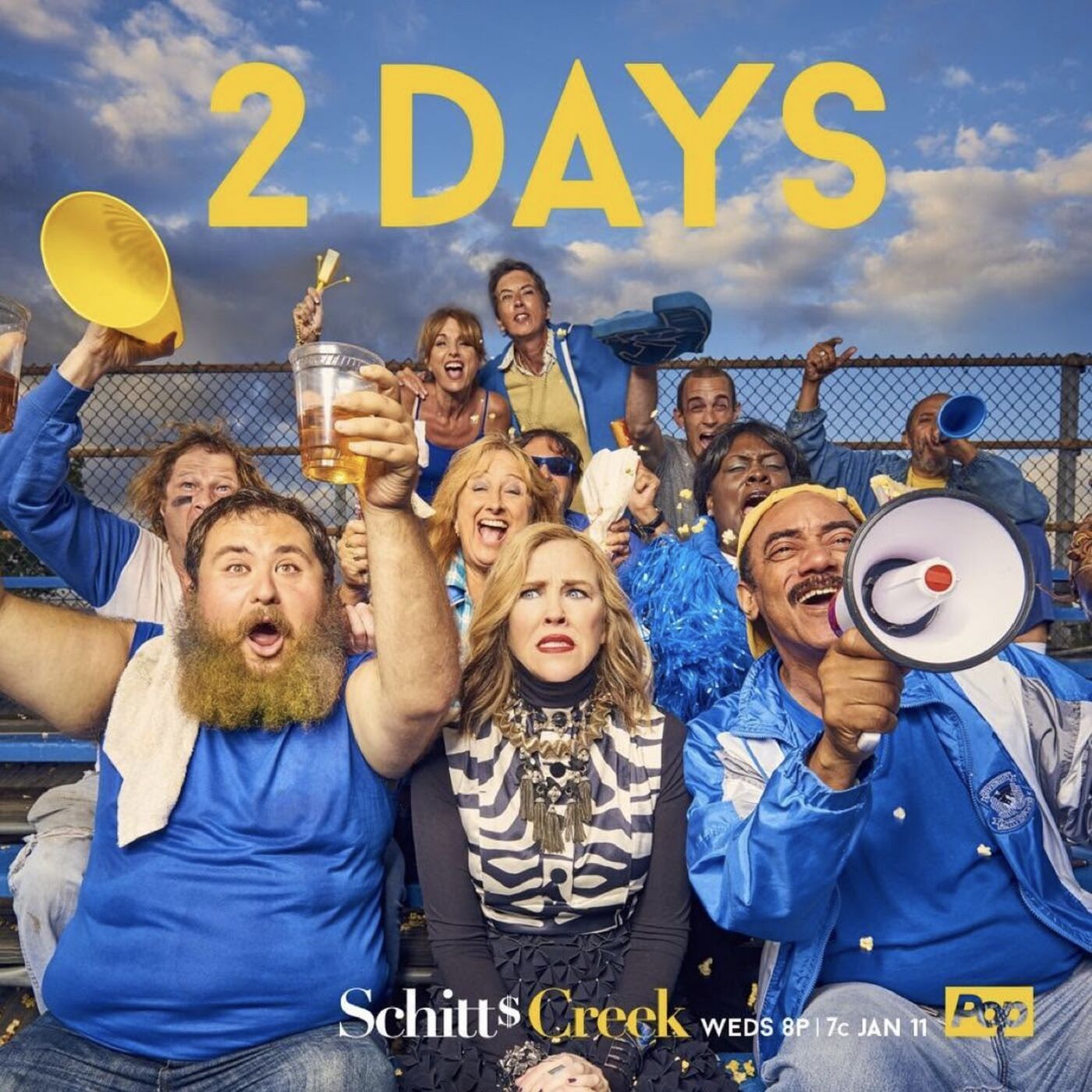 Schitt's Creek countdown: 2 days. The cast among cheering fans in the bleachers