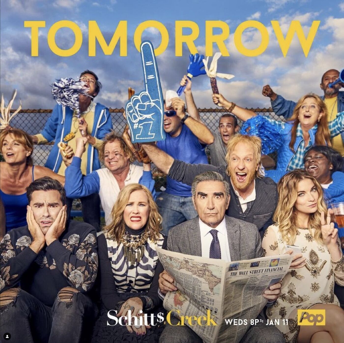 Schitt's Creek countdown: tomorrow. The cast in the bleachers among cheering fans