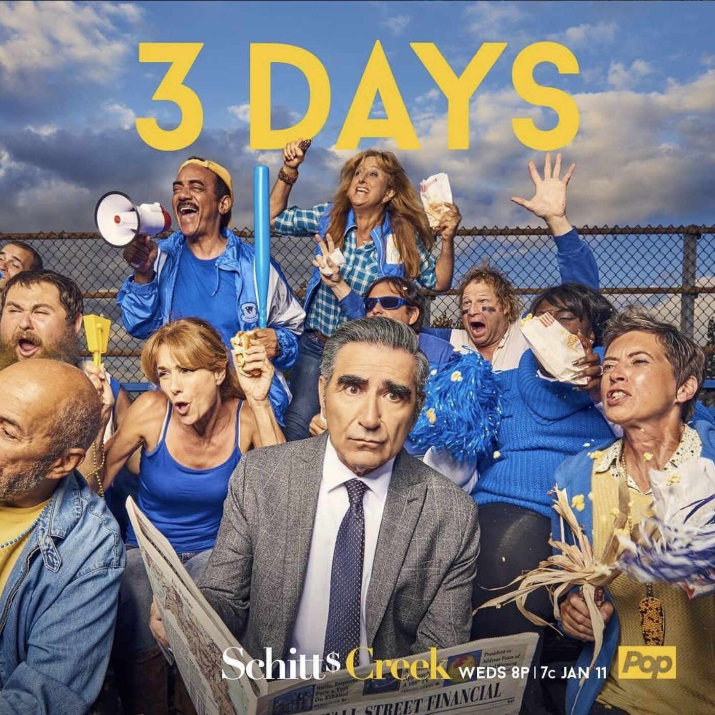 Schitt's Creek countdown: 3 days. Bleacher scene with cheering fans
