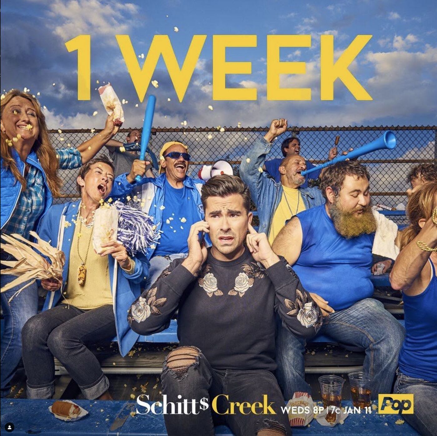 Schitt's Creek countdown: 1 week. Bleacher scene with cheering fans