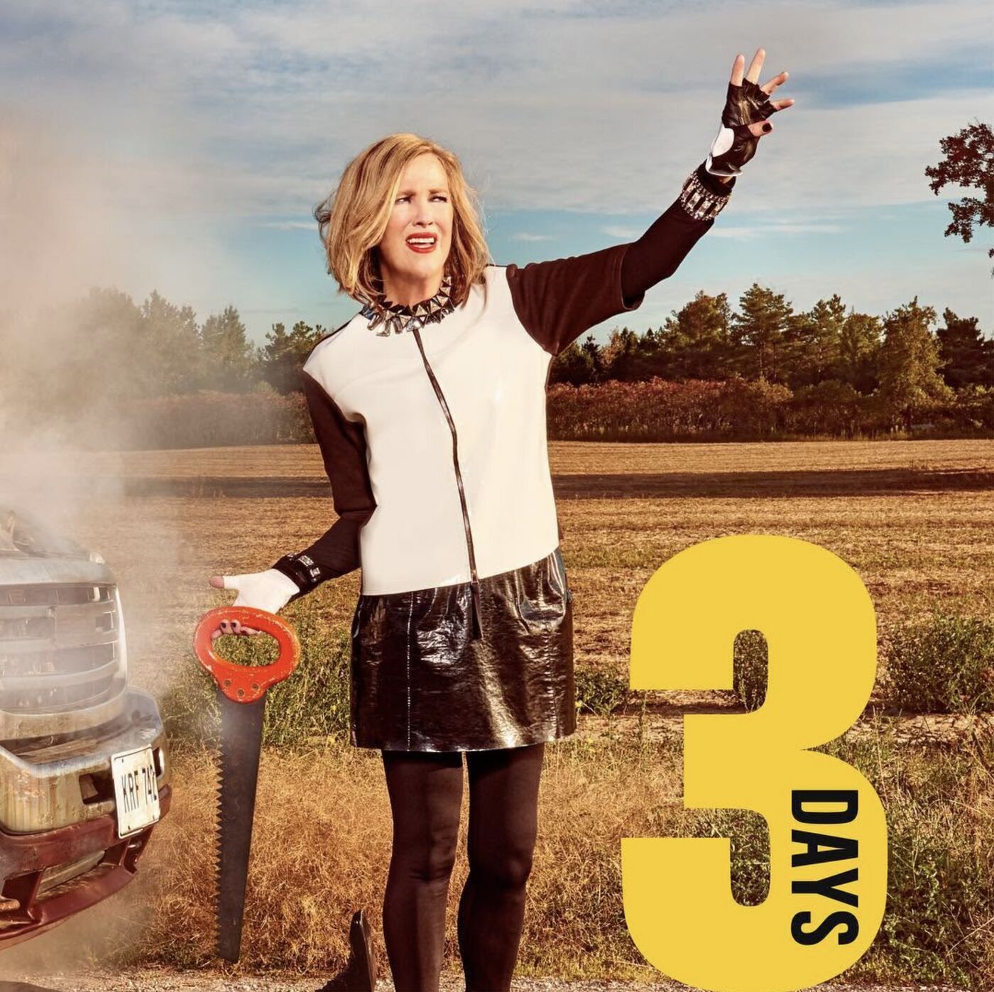 Schitt's Creek countdown: 3 days. A cast member waving by a broken-down car