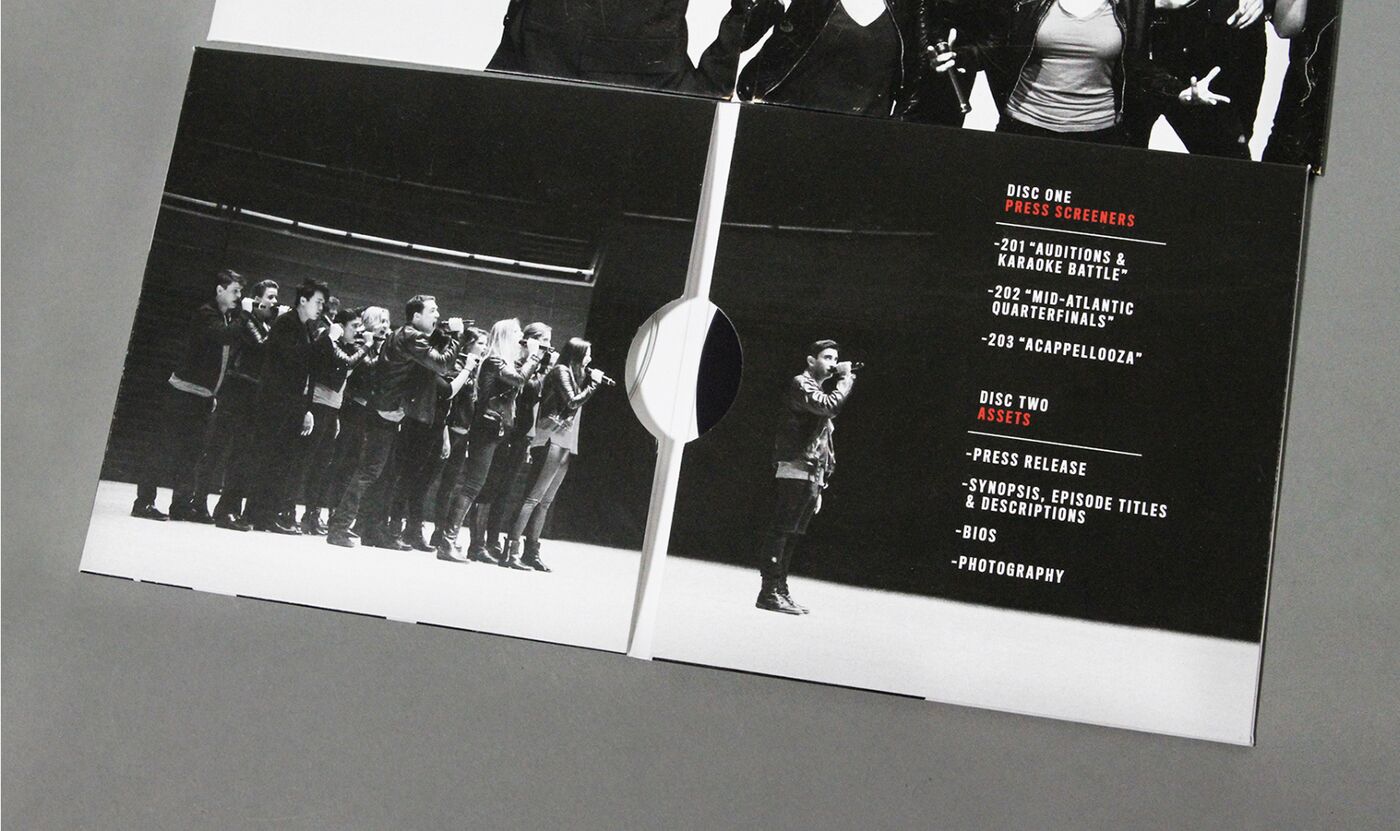 Sing It On press kit folder interior with episode list and photography