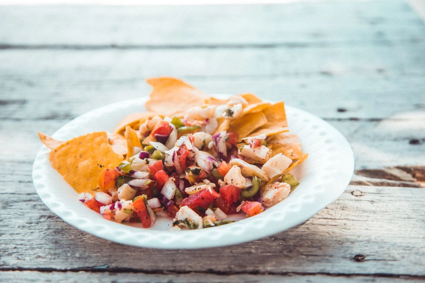 Plate of fresh ceviche with tortilla chips