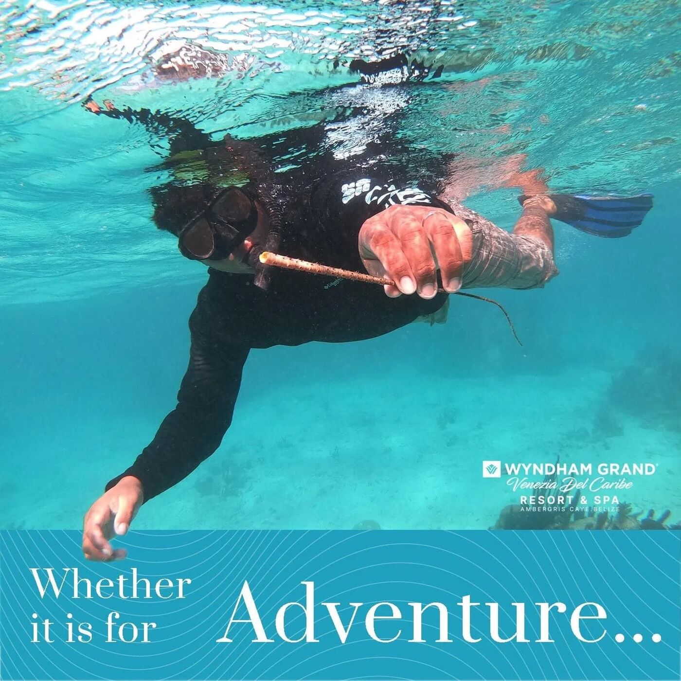 Wyndham Grand Belize ad: Whether it is for adventure... Snorkeler exploring the reef